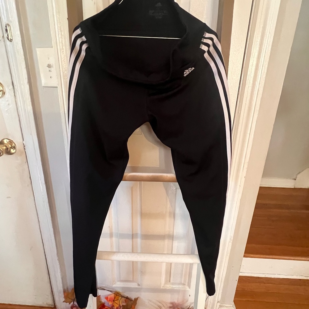 Pre~loved Adidas Black Athletic Joggers with 3 White Stripes.